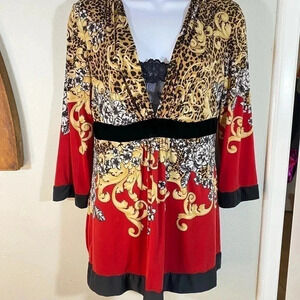 SOLD Soma Pajama Top Sz S Tunic Animal Print Floral Red Black Lace Soft Leopard